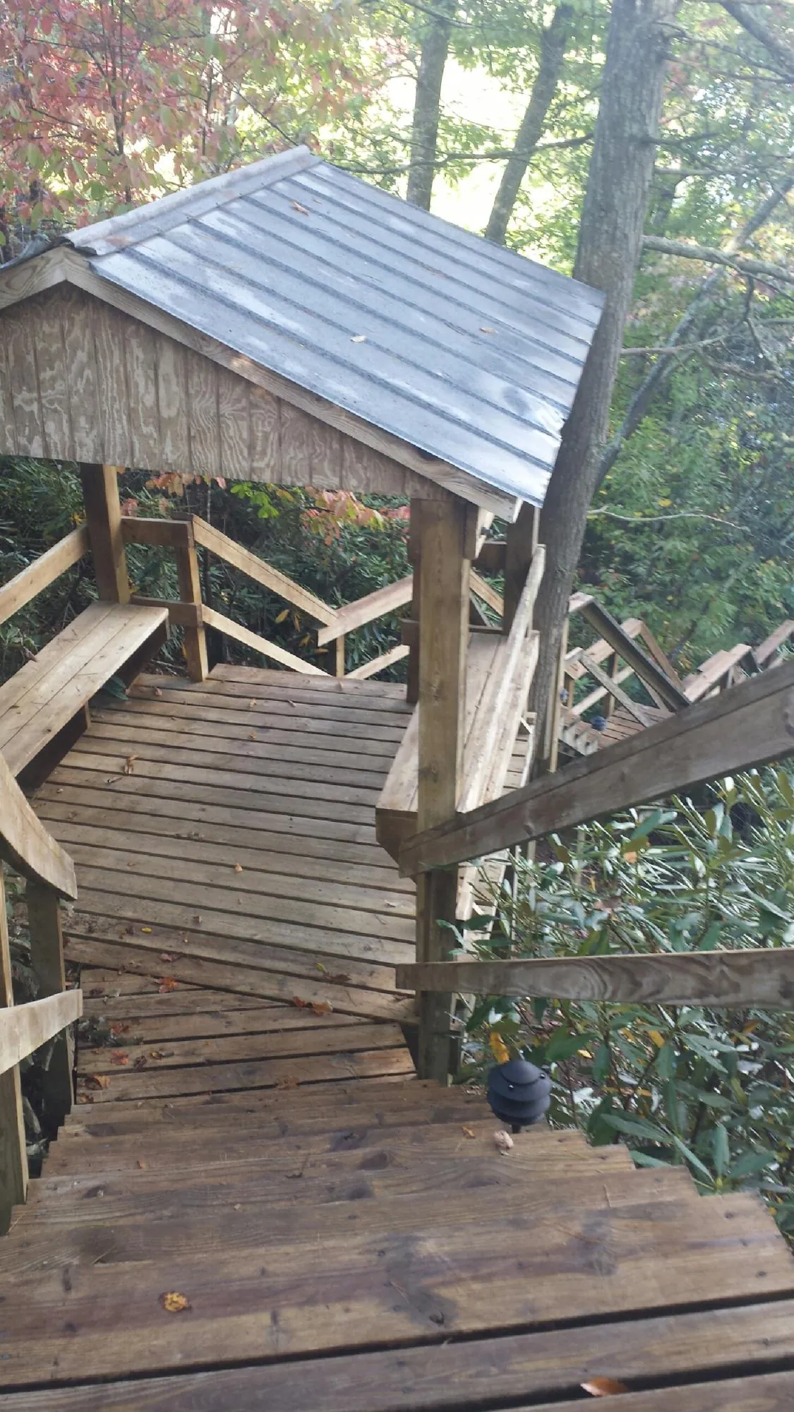 Metal roofed shelter over wooden steps on a wooded walkway — Skylight Repair & Installation work by our crew in Tryon